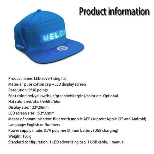 Unisex Baseball Cap USB Rechargeable Bluetooth APP Programmable LED Scrolling Message Display Board Hip Hop Street Snapback Hat - Image 7