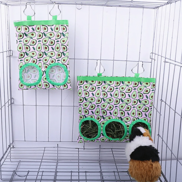 Hanging Hay Feeder Bag for Rabbits and Guinea Pigs - 2/3 Hole Design with Metal Hooks - Image 7