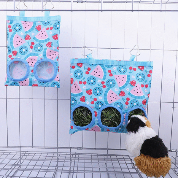 Hanging Hay Feeder Bag for Rabbits and Guinea Pigs - 2/3 Hole Design with Metal Hooks - Image 3