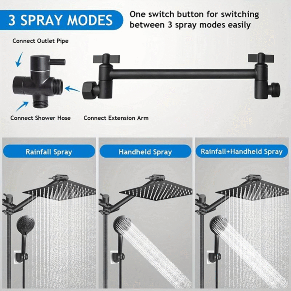 High-Pressure Rain Shower Head Combo - 8-Inch Adjustable Extension Arm & 5 Settings Handheld Showerhead - Powerful Low-Pressure Water Spray Shower Head Filter - Image 3