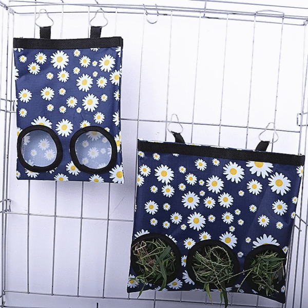 Hanging Hay Feeder Bag for Rabbits and Guinea Pigs - 2/3 Hole Design with Metal Hooks - Image 9