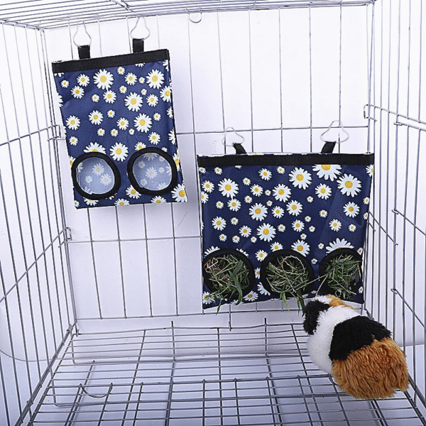 Hanging Hay Feeder Bag for Rabbits and Guinea Pigs - 2/3 Hole Design with Metal Hooks - Image 2