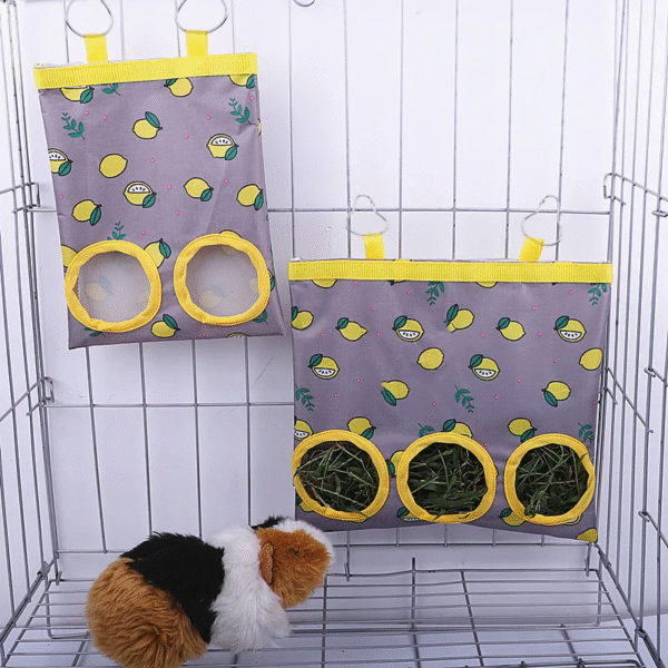 Hanging Hay Feeder Bag for Rabbits and Guinea Pigs - 2/3 Hole Design with Metal Hooks - Image 6